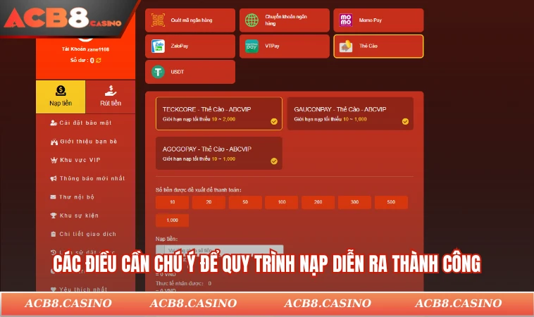 Các điều cần chú ý để quy trình nạp diễn ra thành công